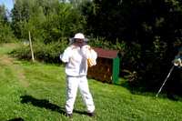 Pszczelarka w pasiece po pracy z przy konserwacji uli